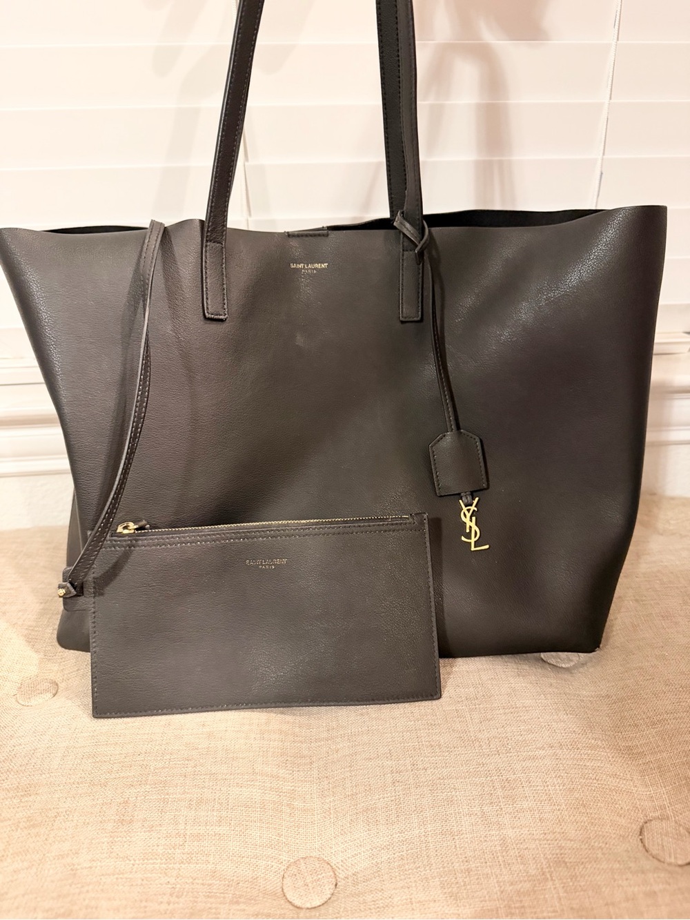Saint Laurent Black Leather Shopper Tote with Gold YSL Charm and Removable Pouch